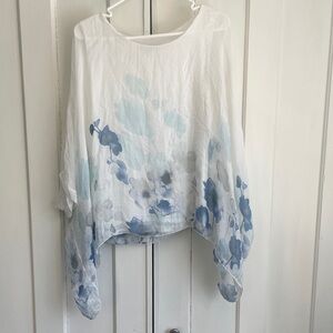 Elena Baldi 100% Silk White Blue Floral Women's Top Dolman sleeves Italy M